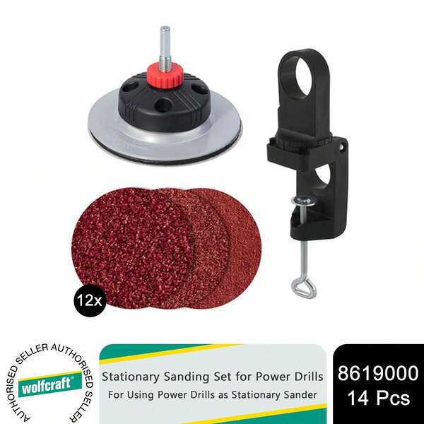  Wolfcraft Stationary Sanding Set For Power Drills, 14 Piece Kit To Convert Drill Into Sander, Ideal For Sanding, Grinding And Polishing Wood, Plastic And Metal Surfaces
