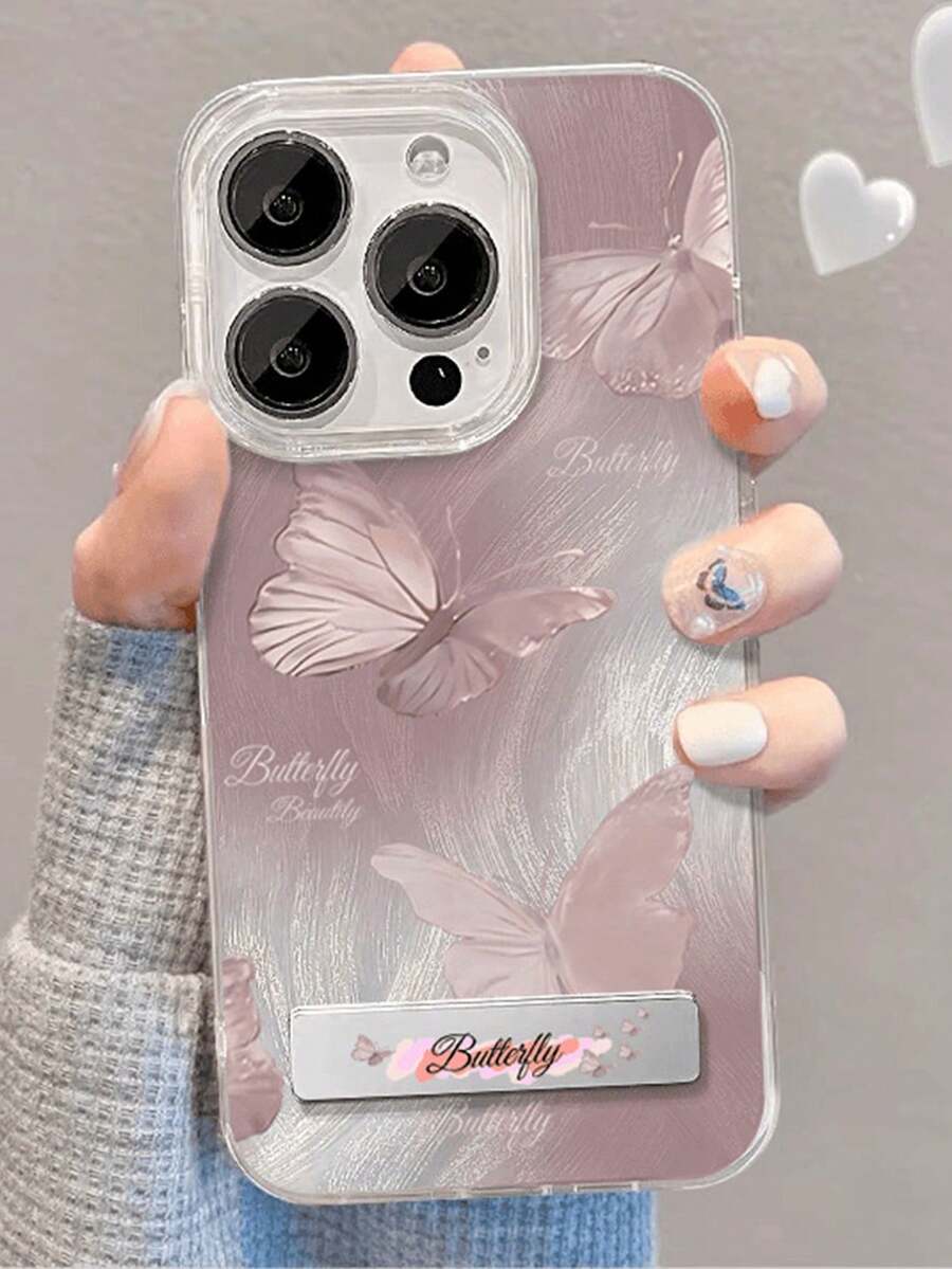 1个银色羽毛粉色蝴蝶手机壳，带3D金属支架，兼容 11/12/13/14/15/16/17/Pro Max
