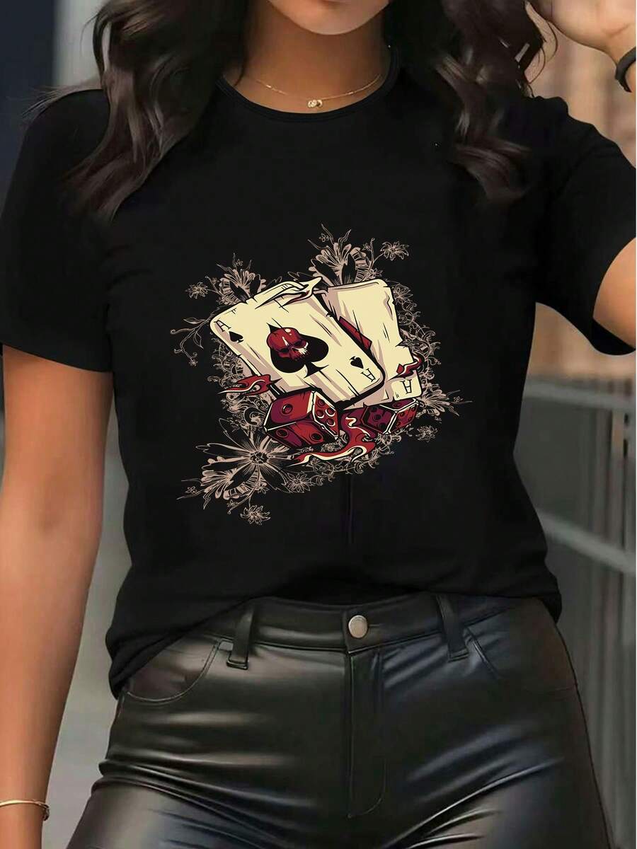 Women's Short Sleeve Crew Neck T-Shirt, Poker Card & Dice Graphic Print Casual Tee, Summer Loose Fit Streetwear Top For Daily Wear - 黑色 - 查看 1