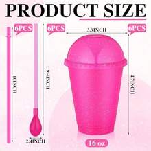6 Set Slushie Cups With Dome Lids And Straws Detachable Spoon Straws Reusable Plastic Iced Coffee Cups Smoothie Tumbler For Birthdays Summer Party Supplies(Pink,16 Oz) - Rose Red-16 oz - 查看 2