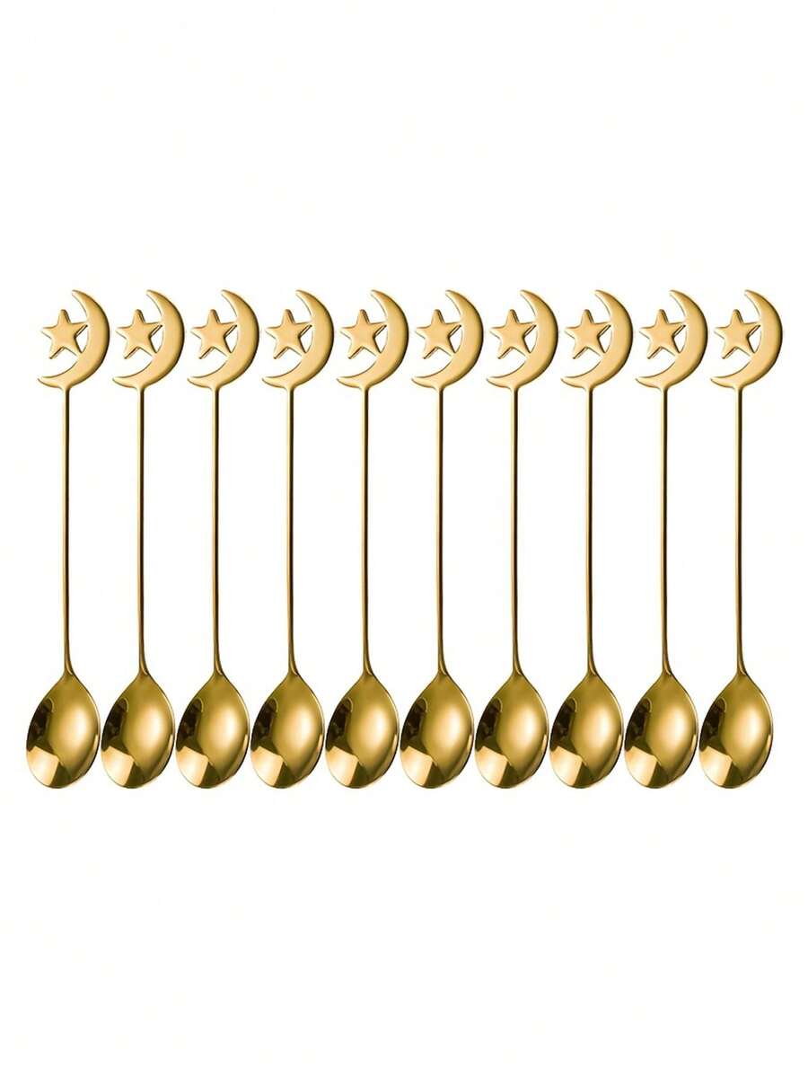12pcs Stainless Steel Coffee Spoons, Moon & Star Pattern, Dessert Spoons, Mixing Spoons, Perfect For Afternoon Tea And Ramadan Gifts