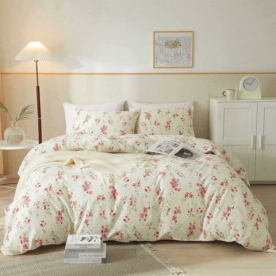 Garden Style Pink Floral Duvet Cover Twin Chic Shabby White Pink Floral Bedding Sets 100% Cotton Botanical Comforter Cover Aesthetic Boho Bedding Collection Variant 8 - 別緻的粉紅色花卉 - 查看 1