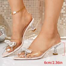 Rhinestone Bow Transparent Sandals For Teenage Girls, High School Students, Summer One-Strap High Heel Design, Niche Stage Performance - White - View 10