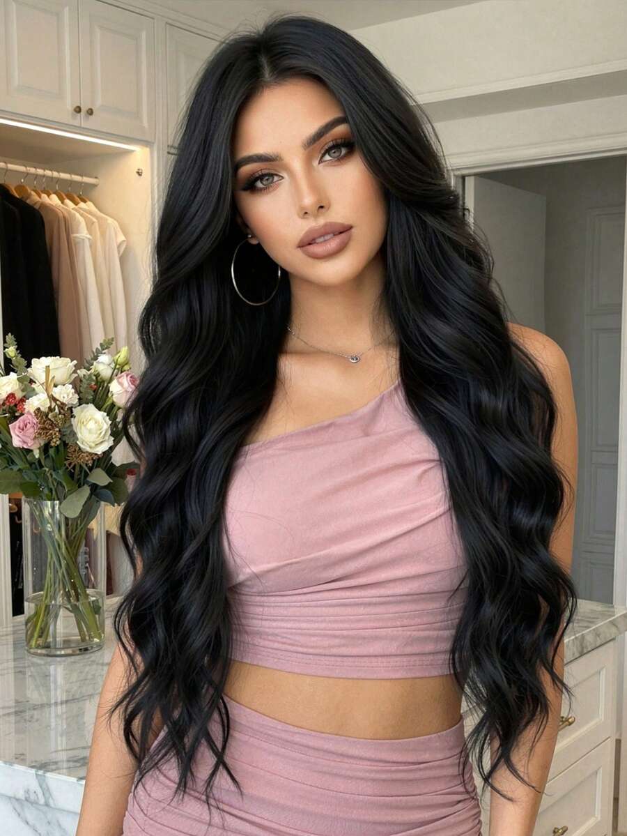 【1顶卷曲波浪高温丝假发】1顶优雅卷曲波浪高温丝假发，女士款，150%密度玫瑰网帽，时尚哑光质感，角色扮演风格，无蕾丝全头假发 - 黑色 - 查看 1