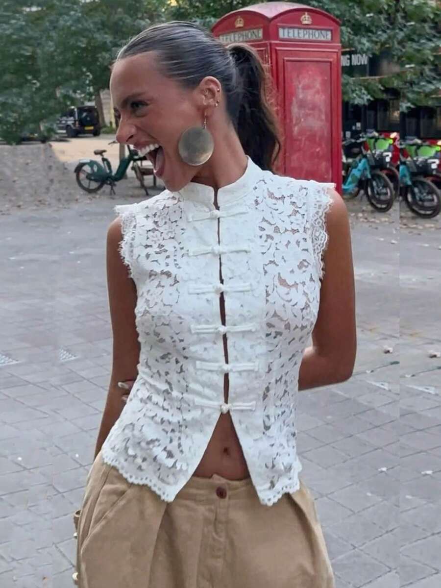 Awevudst Womens Lace Floral Mandarin Collar Guipure Split Tank Top Sleeveless Mock Neck Lace Trim Slim Fitted See Through Casual Shirt Blouses Party Clubwear Holiday Beachwear - 白色 - 查看 1