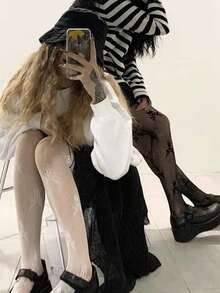 1pc Women's Dark Gothic Black Skeleton Print Leggings, Personalized Hollow Out Stockings Sexy Punk Street Fishnet Tights, Lolita Cool Goth Grunge Y2K Black Pantyhose - Black - View 10