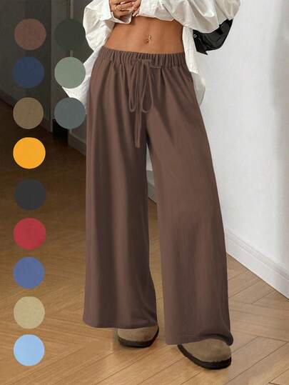 Flowy Wide Leg Pants: Lightweight Woven Fabric + Elastic Drawstring Waist, Flattering And Elongating, Essential Casual Pants For Commuting, Shopping, And Lounging. New Spring/Autumn Casual Women's Pants, Suitable For Dates, Students, And Daily Outings. All-Match Style, Versatile For Casual, Beach, And Other Occasions. Casual Women's Pants With Drawstring Waist, Suitable For Outings And Loungewear.
