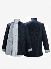 中国风男士龙纹唐装上衣，中国功夫服，中国新年服装，中国汉服男士外套 - 黑色 - 查看 2