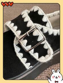 1 Pair Women's Beige Suede Thick-Sole Loafers, Furry Collar Trim, Metal Decor, Warm & Comfortable Lining, Round Toe Chunky Heel Design, Sweet Campus Style Casual Shoes For Winter - Black - View 6