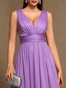 V-Neck Sleeveless Chiffon A-Line Bridesmaid Dress, Elegant Party Dress, Wedding Guest Dress, Birthday Dress, Graduation Ceremony, Banquet, Carnival Outfit - Mauve Purple - View 8