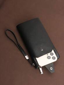 HOVI'S Men Clutch Bag Black Litchi Texture PU Zipper & Snap Button Wrist Strap - Large Capacity Phone Holder Multi Card Slots New Year Gift Valentine's Day Gift