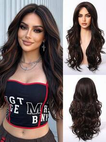 24英寸长波浪卷发黑色和棕色渐变假发，带侧刘海，合成纤维，自然波浪纹理，适合日常、派对、节日和角色扮演，女士发型假发 - 棕色 - 查看 2
