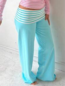 Fold Over Yoga Pants For Women Y2K Striped Low Rise Wide Leg Leggings Sweatpants Cozy Stretchy Foldover Lounge Pants Going Out Clothes - 藍色 - 查看 3