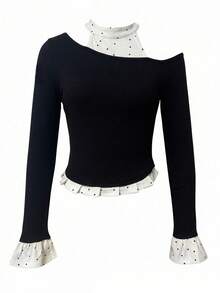 1pc Women's 2 In 1 Polka Dot Long Sleeve Knit Sweater, Off-Shoulder Patchwork Stylish Blouse - Black - View 8