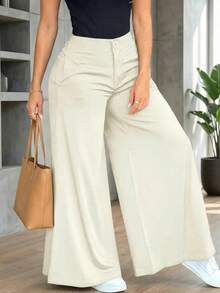 Fashionable Solid Color Casual Loose Wide-Leg Pants For Women, Elegant And Minimalist - Màu be - Xem 13