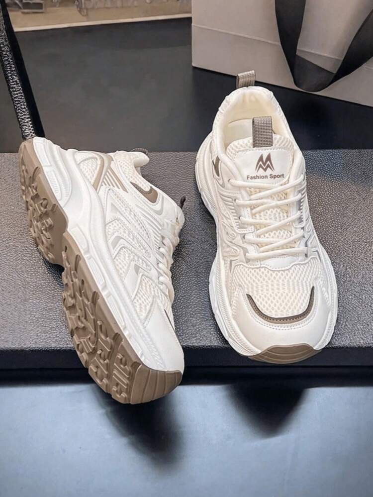 Zapatillas deportivas de mujer con malla, cordones, transpirables, ligeras, con plataforma, de estilo casual y fashionable, de unicolor, de poliéster, para uso en exteriores, para primavera/otoño - Caqui - Añade 3