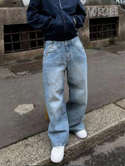 Jeans rectos y anchos de pierna suelta de color azul claro, con textura agrietada bordada única, efecto vintage artístico desgastado, pantalones casuales americanos