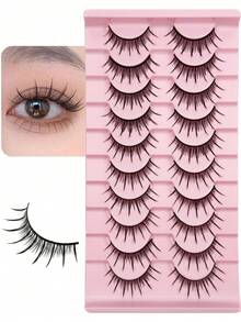 10对自然卡通假睫毛，3D仿貂毛假睫毛，柔软飞翘，逼真美睫。 - 黑色 - 查看 1