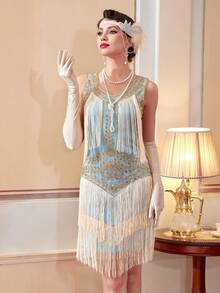 1920s Flapper Style Lace V-Neck Fringe Dress Set For Women - Baby Blue - View 2