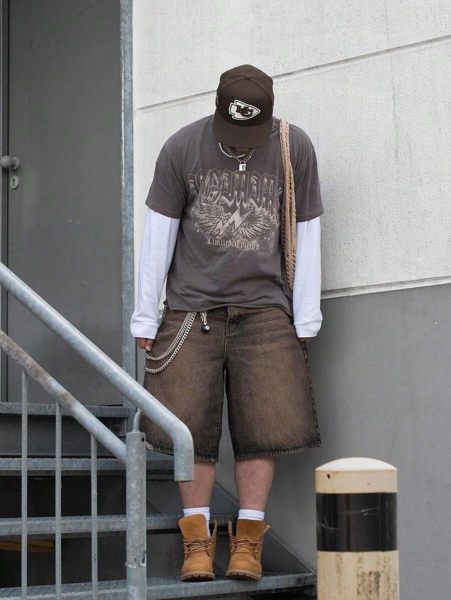 百慕大牛仔短裤，夏季宽松百搭休闲 7 英寸牛仔短裤，时尚街头运动学院风，配有纽扣、拉链和口袋，适合日常通勤、居家、休闲、户外活动、聚会 - 棕色 - 查看 1