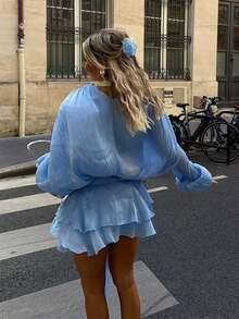 Women's Casual Street Style Solid Color Lantern Sleeve Tie Waist Ruffle Hem Dress, Spring/Summer - Light Wash - View 1