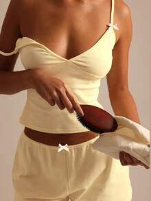 2pcs/Set Summer Sexy V-Neck Fitted Camisole And Loose Shorts Pajama Set - Yellow - View 4