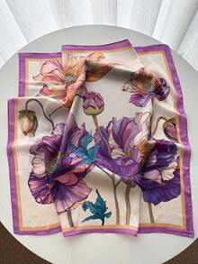 1条方形丝巾，女士缎面印花发带，头巾，时尚女士发巾，披肩 - 紫色荷花 - 查看 2