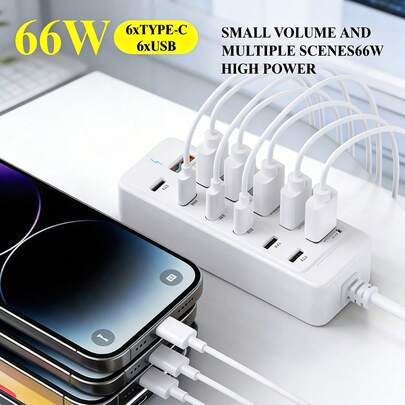 12-Port 66W Fast Charging Station | 6Type-C PD + 6USB-A Ports, 25W Per Port, Compact Travel Home Office Desk Power Strip, Low Temp Fast Charging Hub For Laptops/Phones/Tablets Multi Devices