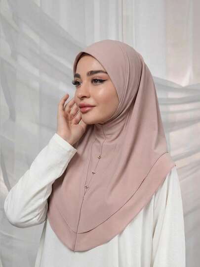 1pc Women's Solid Color Double-Layer Chiffon Amira Instant Hijab, Decorated With 3 Buttons, Soft & Comfortable Casual Versatile Hijab, Convenient For Prayer, Modest Neck Coverage, Instant Long Khimar Hijab, Suitable For Daily Wear, Pairs Well With Abaya