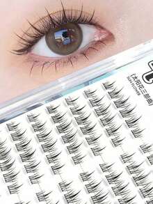 96 Pieces/Set Natural Non Gel False Eyelashes, Natural And Realistic Small Slim C-Roll Eyelashes, Three Part Sunflower Cluster Eyelashes - Black - View 2