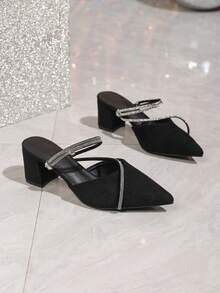 春季新款时尚女士尖头婚鞋，粗跟黑色水钻蝴蝶结休闲舒适鞋 - 黑色 - 查看 4