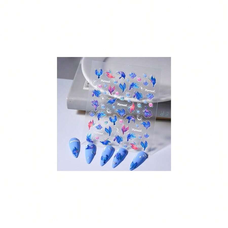 5D Embossed Nail Stickers For Summer Nail Art With Mermaid Tail Design Nail Decals Se--Adhesive Nail Art Stickers Moon Bubbles For Artificial Nails Supplies For Women Manicure Decorations - 風格4 - 查看 1
