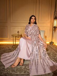 Elegant V-Neck Batwing Sleeve Robe With Contrast Sequin Decor, Non-Stretch Asymmetric Design Spring - Apricot - View 7