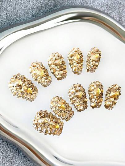 Y2K Coffin Nails Handmade Press-On Nails With Transparent Tips,Champagne Rhinestones & Sparkling Full-Coverage 3D Designs - Full Cover DIY Glitter Artificial Nails, False Nails For Parties, Outdoor, Beach, Daily, Holidays, Gatherings, Work & Special Events - 10 Pieces/Bag