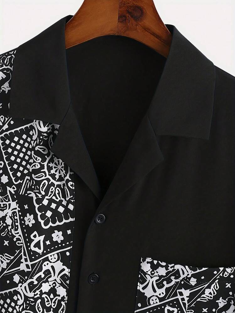 2pcs/Set Men's Casual Cuban Collar Short Sleeve Shirt And Drawstring Shorts, Patchwork Retro Print Suit, Summer Beach Vacation Sports Outfit, Elastic Waist Shorts, Versatile Casual Street Style, Lightweight And Comfortable, All-In-One Outfit, Slimming And Tall, High-Quality Textured Fabric, Suitable For Vacation And Home Wear, Summer Casual Set With Cuban Collar Loose Print Top And Drawstring Shorts - Black - View 4