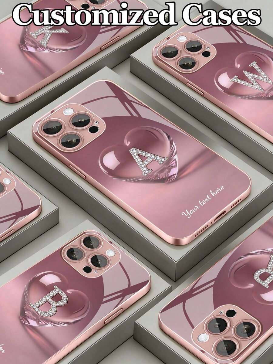 1pc Customizable Text & Letter Design With Transparent Heart Pattern Tempered Glass Phone Case, Compatible With IPhone 17 Pro Max/17 Air/16 Pro Max/15 Pro/14 Plus/13 Pro/12 Pro Max/11/Xs Max/8/7/6 Plus, S24 Ultra/S25 Ultra/A12/A55/A31/A22, Fashion Business Customization, Best Gift For Friends And Family - Pink - View 1