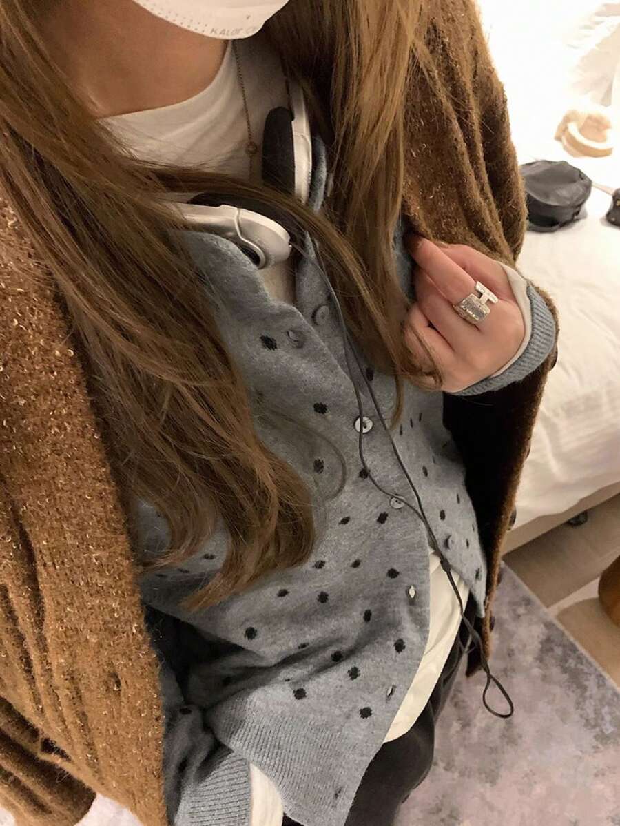 Women Polka Dot Random Print Button Front Cardigan Sweater, Casual Autumn/Winter Tops Vacation - Grey - View 1