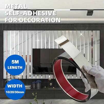 1 Roll 5M Stainless Steel Self-Adhesive Wall Edge Trim, Metal Decorative Strip, Drill-Free Flush Mount Decorative Molding, Suitable For TV Backdrop And Ceiling Decoration