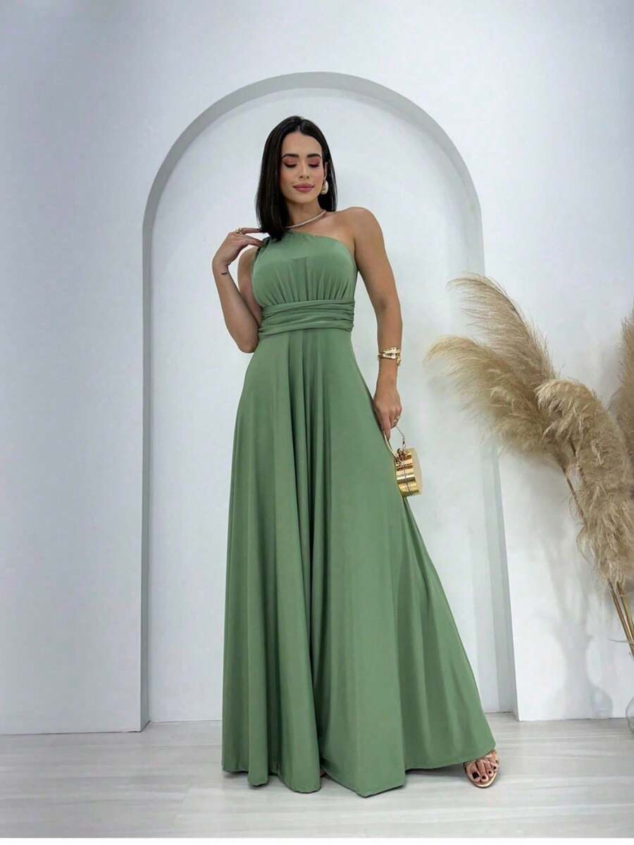 Aghata One Shoulder Long Dress Solid Color Fluity Mesh Elegant Party Fashion Women - màu xanh lá - Xem 1