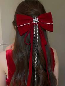 1件装女士时尚雪花蝴蝶结珍珠发夹红色后脑勺绑带流苏弹簧夹半扎发发夹发饰头饰 - 彩色 - 查看 6