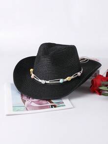 1pc Solid Color Bohemian Casual Straw Gem Cowboy Hat, Beach Vacation Sun Protection Straw Hat, Unisex Versatile For Commuting, All Seasons - C - View 19