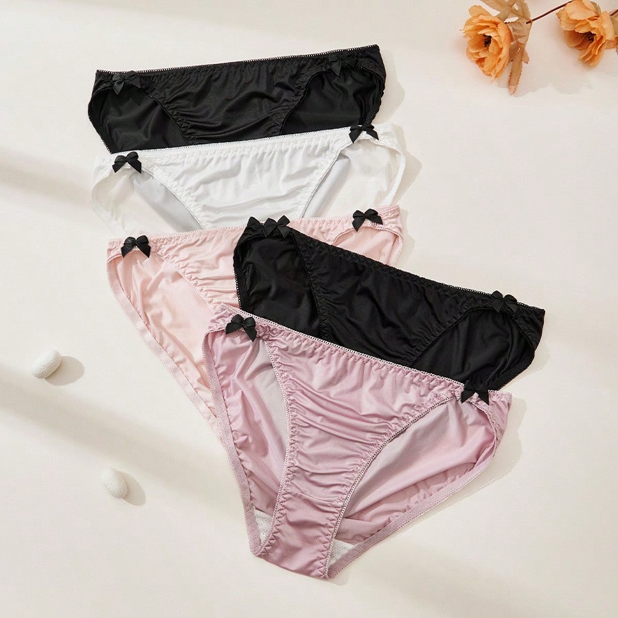 Paquete de 5 bragas de mujer con decoración de moño de satén, en unicolor, sexy, de talle medio, hechas de tela suave y amigable con la piel, lence