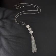 1件波西米亚风长款银链圆形流苏吊坠项链，女士夜店派对饰品 - 銀色 - 查看 3