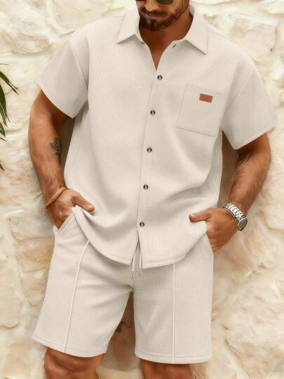 2pcs Men's Set, Fashionable Solid Color Pocket Single-Breasted Lapel Short Sleeve Shirt + Drawstring Waist Shorts, Men's Casual Holiday Outfit, Valentine's Day Gift