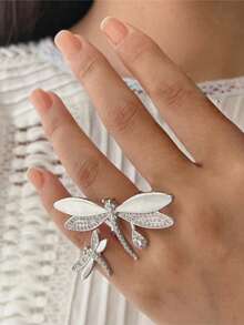 rundraw 1枚2026蜻蜓锆石镶嵌极简金属金/银指节戒指，女士时尚配饰，适合日常活动、派对、聚会等场合。