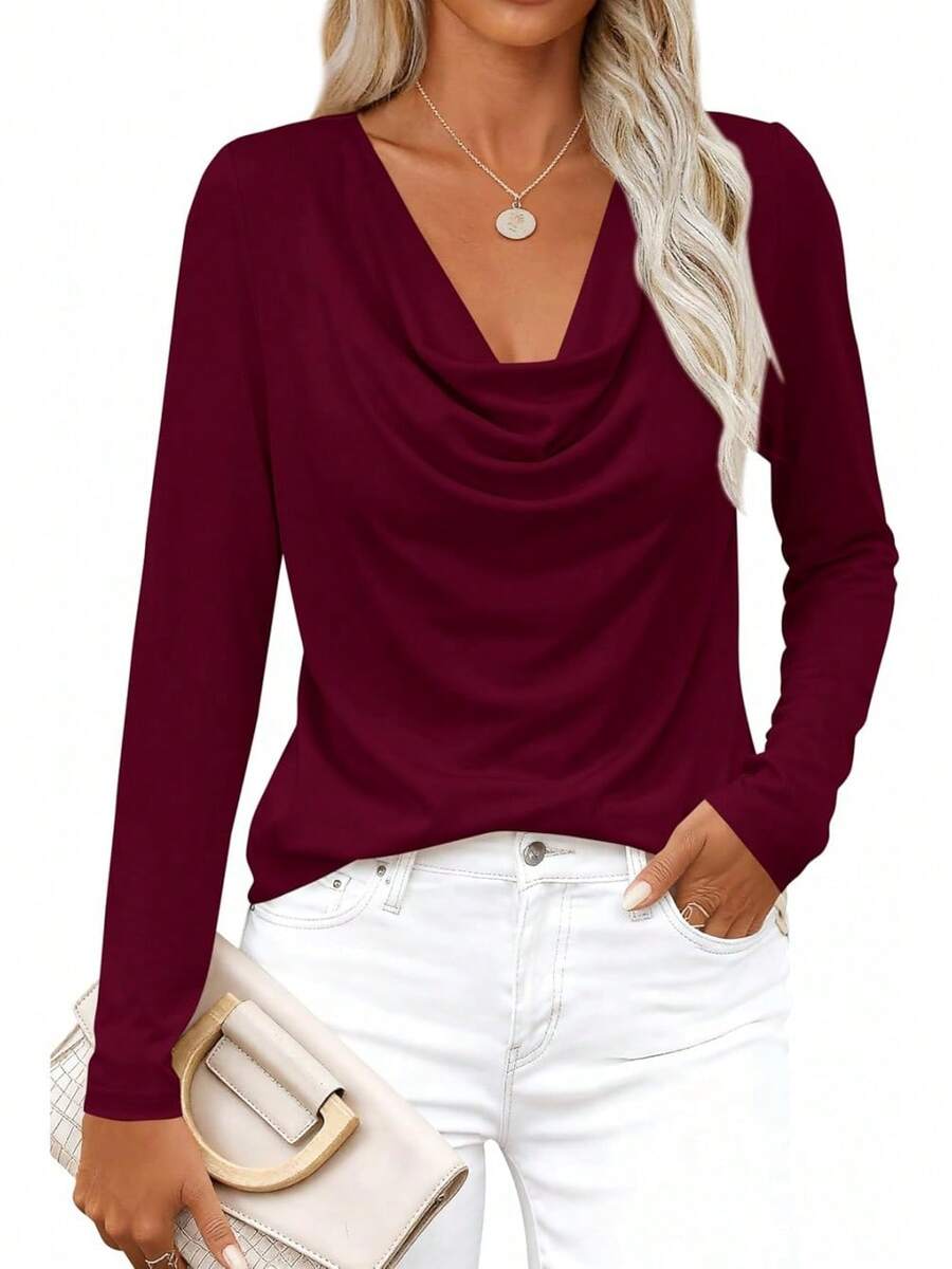 Womens Spring Tops 2026 Dressy Cowl Neck Long Sleeve Shirts Loose Business Casual Blouses Teacher Tunic Top - 酒紅色 - 查看 1