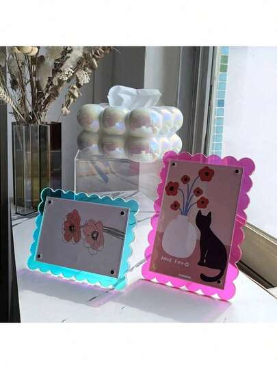 1 st 7-tums färgglad akrylfotoram - blommigt/regnbågsmönster, dubbelsidig magnetisk display | Oumbärlig för 2026 tavelvägg, avtagbart stativ för horisontell/vertikal placering, modern konstdekor, festdekor för flera ytor, hopfällbar vägg-/bordsdisplay