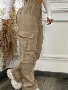 纯色多口袋纽扣休闲Y2K风格优雅可爱轻便工作裤。适合返校、毕业典礼、俱乐部、生日派对、万圣节、新年、感恩节、音乐会、健身房、海滩、度假、商务、日常外出、运动、机场穿搭、街头风、教师节、春季、夏季、秋季和冬季穿着。 - 深卡其 - 查看 5