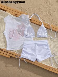 Xinshengyuan 3pcs/Set European And American Fashion,New Year's,Valentine's Day Costumes,White Sexy Elegant Slimming,Flowers Positioning Printed Pattern,Sleeveless Top,Pleated Briefs Pants With Drawstring On The Side,Detachable Swimwear Pad,Casual Outing Seaside Beach Party Luxury Bikini Set.