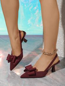 Women's Fashionable Elegant New Nude Bowknot Stiletto High Heel Pointed Toe Sandals, French Chic Party Shoes - Burgundy - View 6